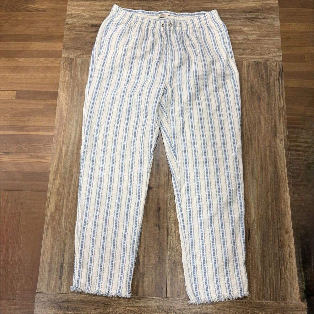 Faherty Organic Cotton Cabana Ivory Blue Stripe Women Pants Beachy Sz Large